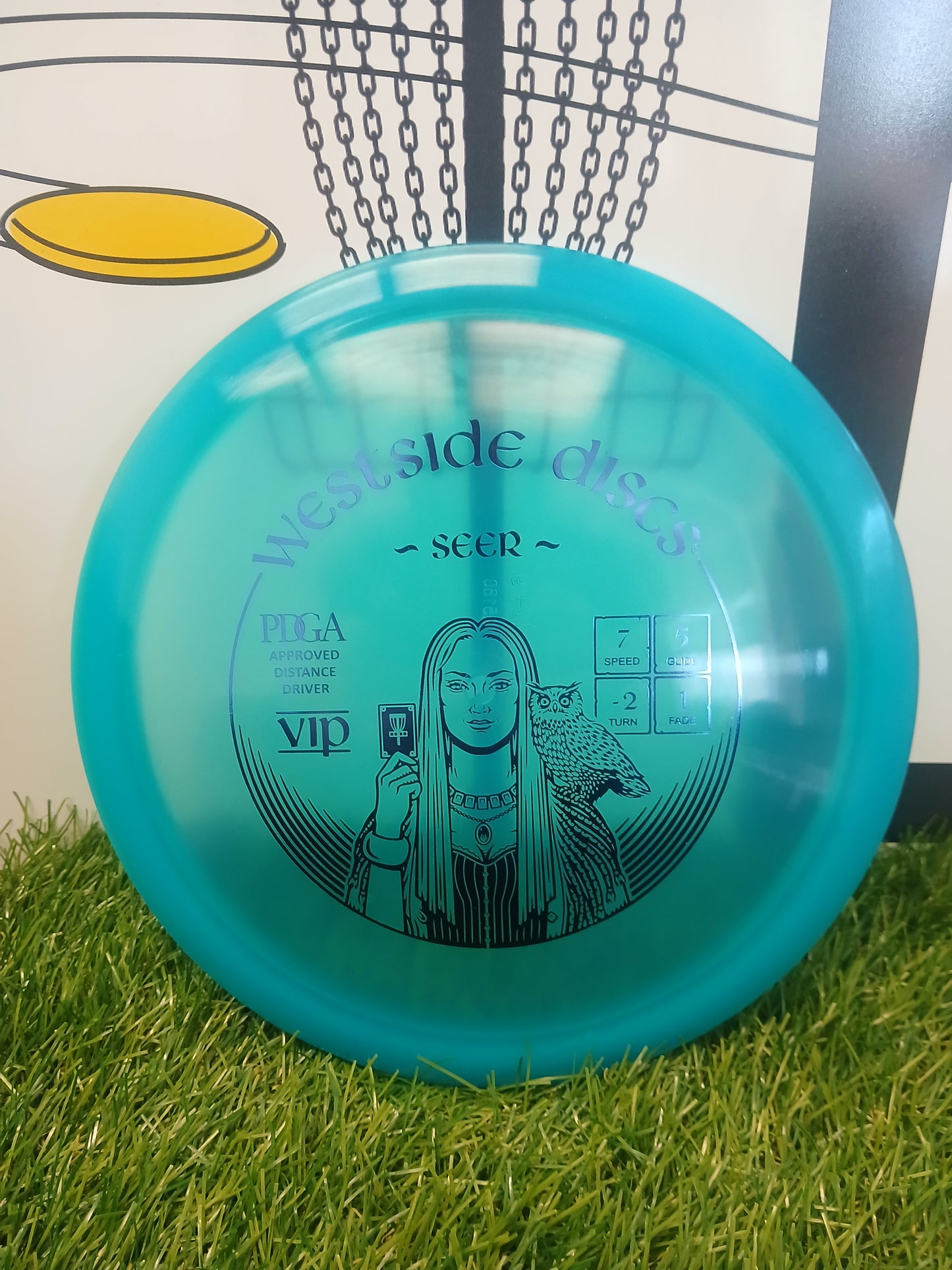Westside Discs Seer VIP distance driver disc golf disc on grass, PDGA approved with speed 7