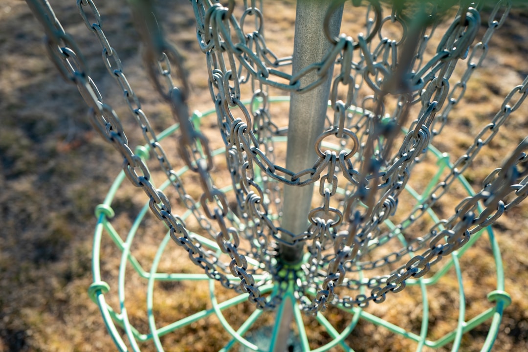 Disc golf basket with chains and green frame on outdoor course