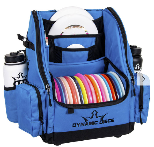 Blue Dynamic Discs bag filled with colorful disc golf discs and water bottles