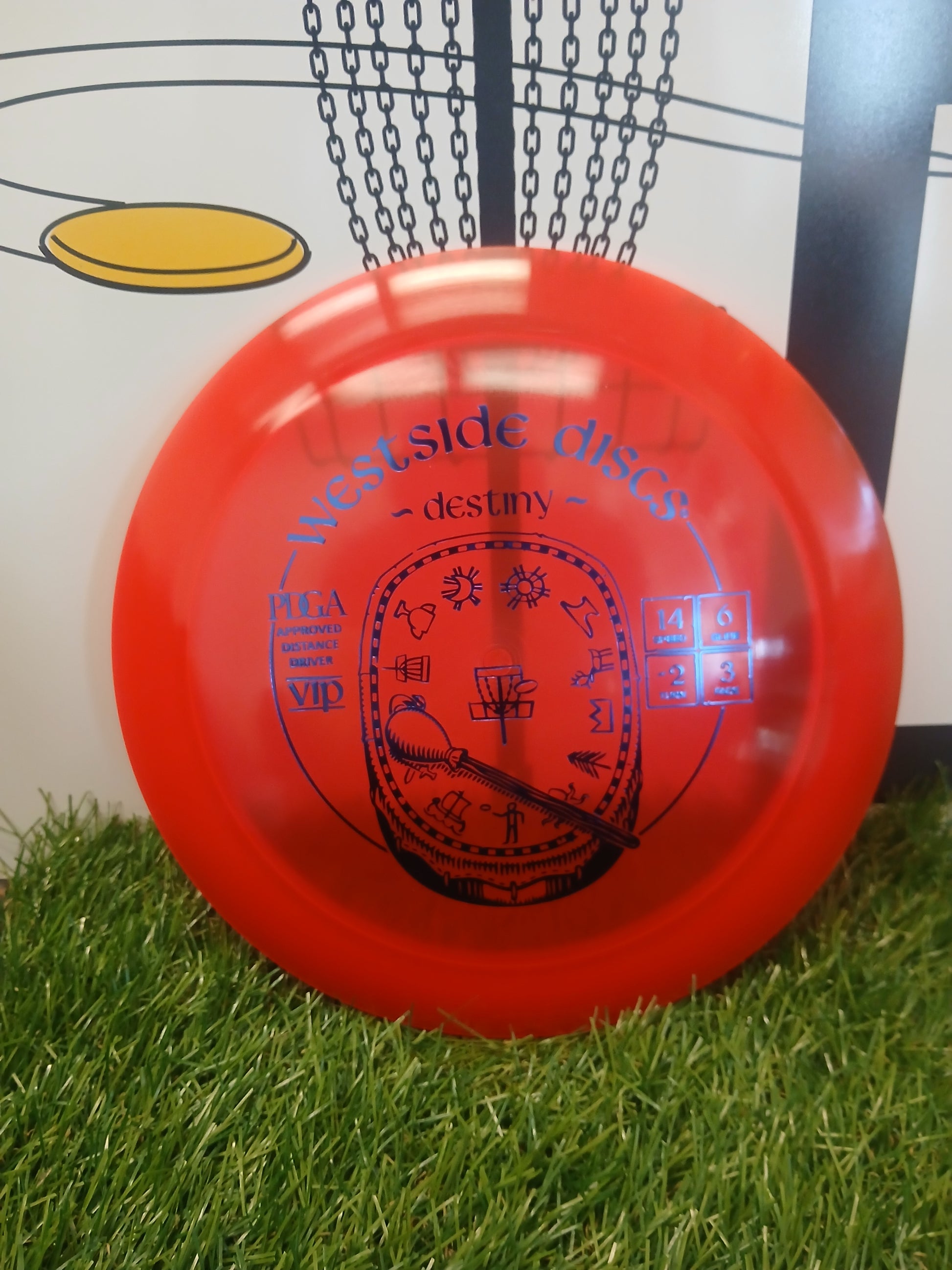Westside Discs Destiny VIP distance driver disc golf disc on grass, PDGA approved