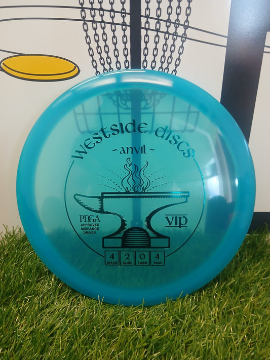 Westside Discs Anvil VIP midrange driver disc golf disc on grass, PDGA approved with 4/2/0/4 flight ratings