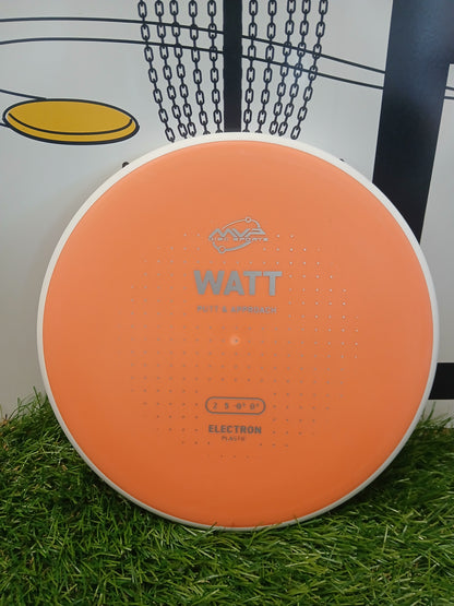 Orange MVP Disc Sports Watt putter disc on grass, Electron plastic, for disc golf putt & approach